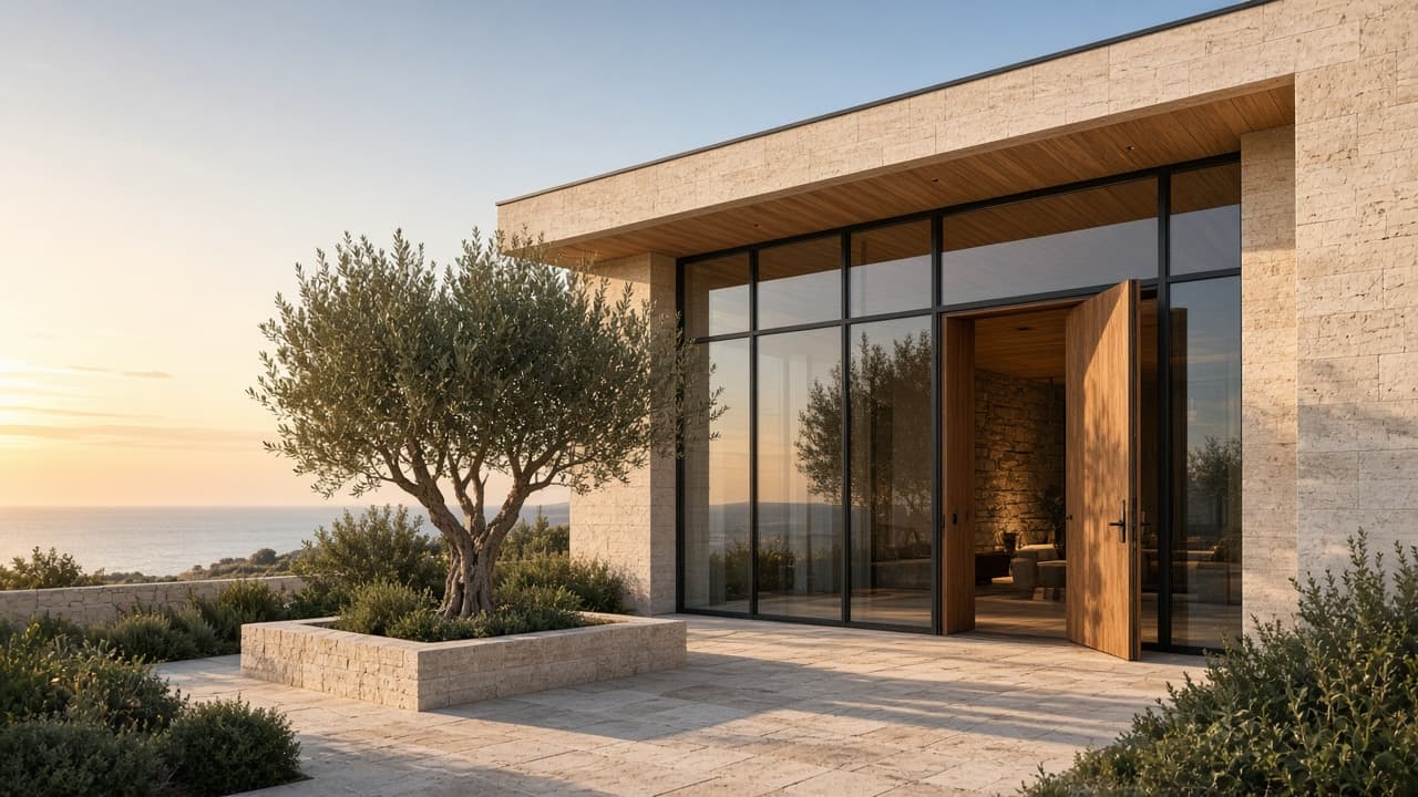A sunlit limestone house with an open front door