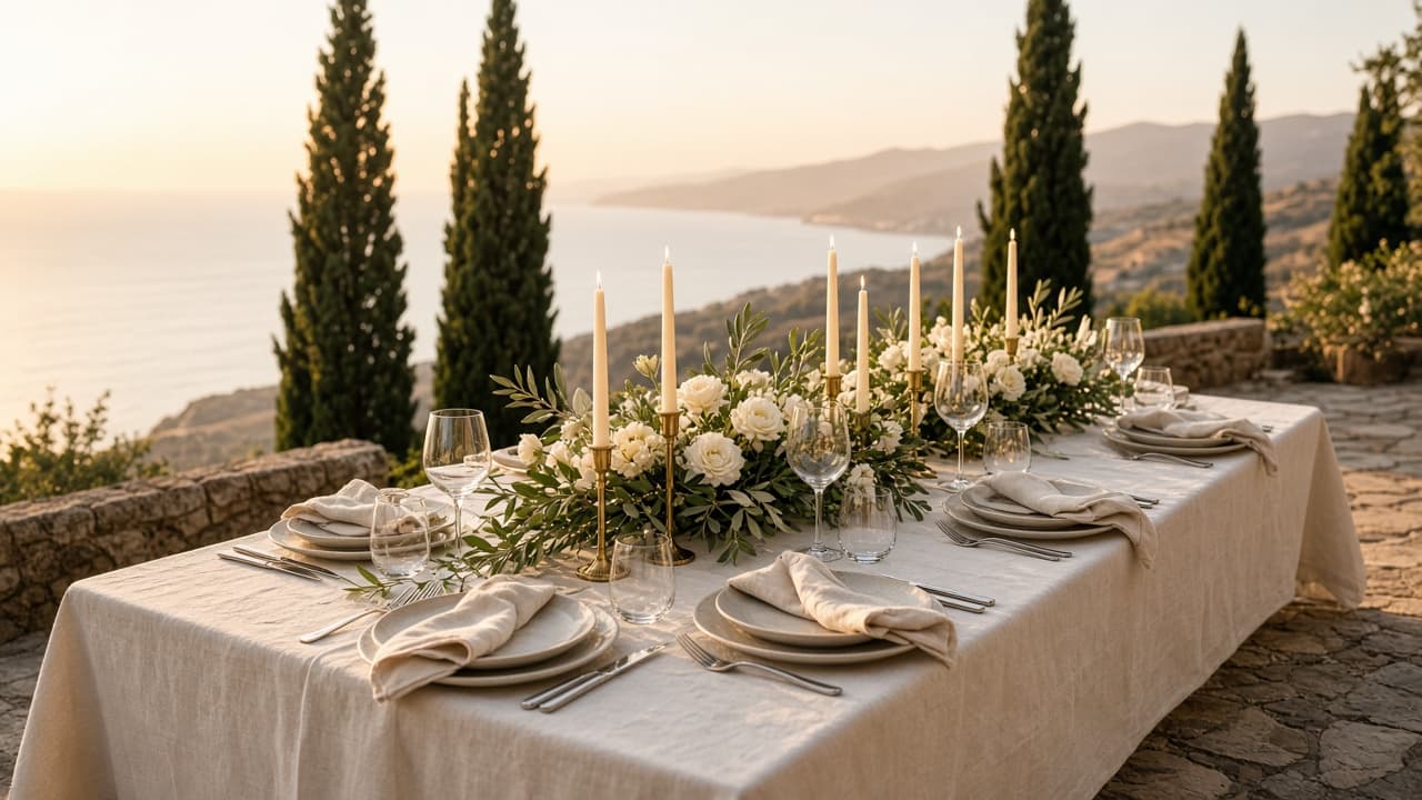 A linen wedding table set on a terrace above the sea